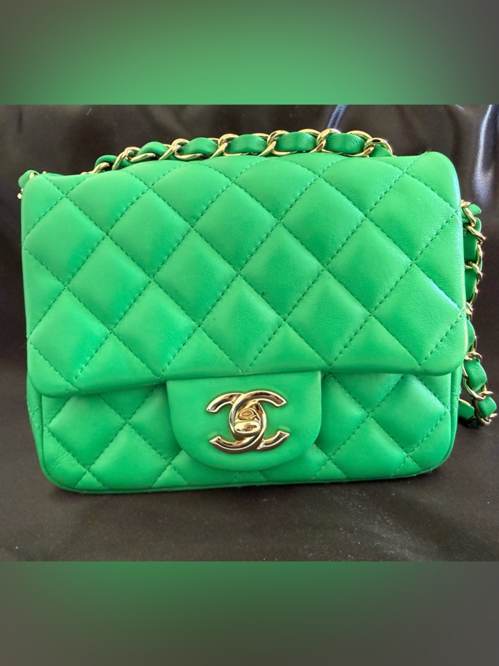 CHANEL Lambskin Quilted Mini Square Flap Green